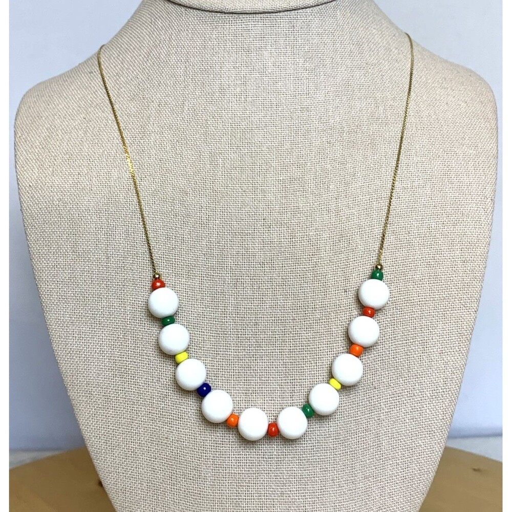 Vintage Mod White Bead Necklace Colorful Spacer Beads Retro Pop Art 24" 🟢🟠🟡🔵